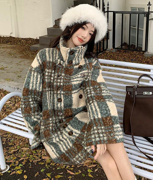 레트로 복고 체크무늬 모직 코트 하프 미듐기장 그린&amp;브라운 투톤/겨울용/두툼한