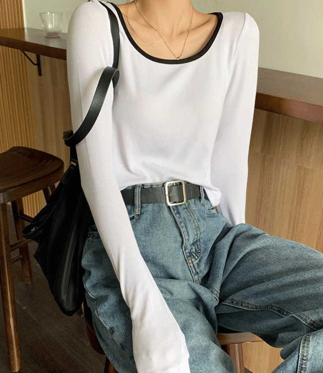 데일리 컬러 배색 라운드넥 슬림핏 긴팔티셔츠