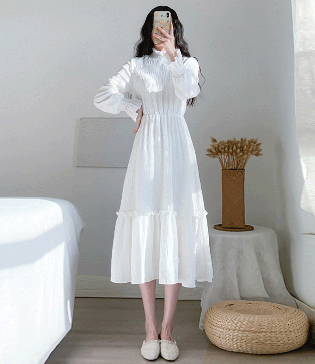 [화이트/블랙] 셀프웨딩 촬영 돌잔치 하이넥 주름 원피스 드레스
