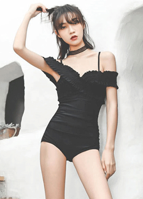 휴가 비치 섹시 와이드 숄더 블랙 비키니 원피스 수영복