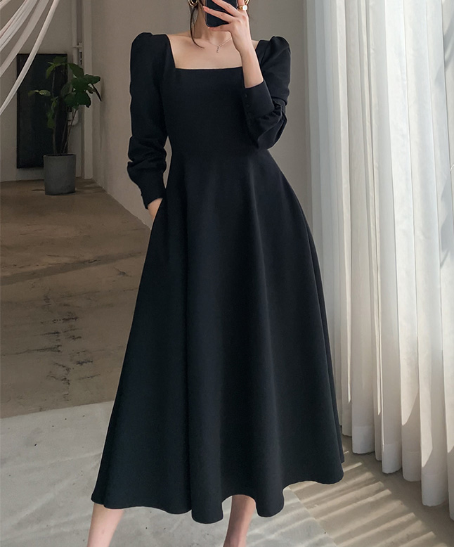 블랙 셀프웨딩룩 스퀘어넥 A라인 원피스 드레스