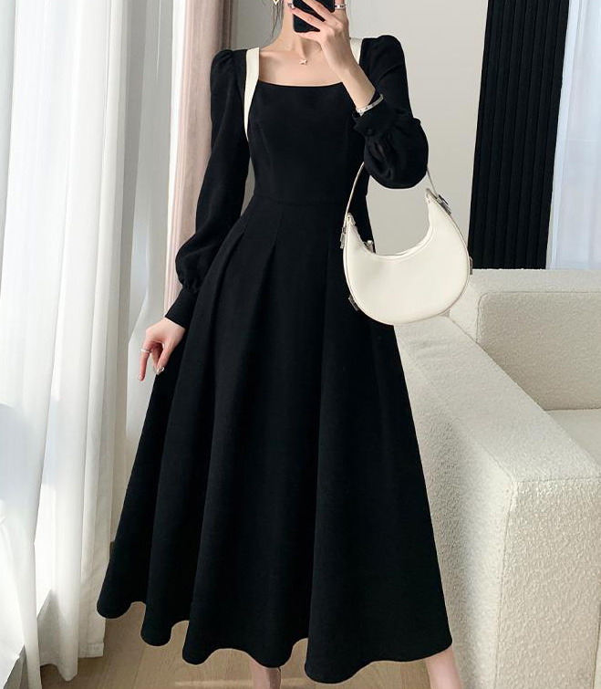 블랙 셀프웨딩 A라인 핀턱 숄더 라인 드레스 원피스