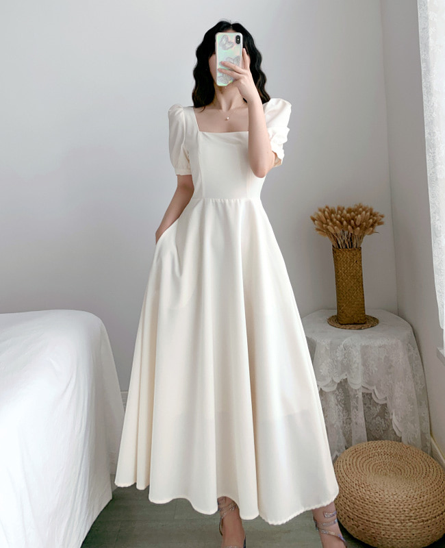 [당일배송] 결혼식 파티 돌잔치 심플 스퀘어넥 퍼프 원피스 드레스