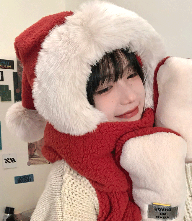 [당일배송] Christmas 레드 뽀글이 산타모자+머플러 Set