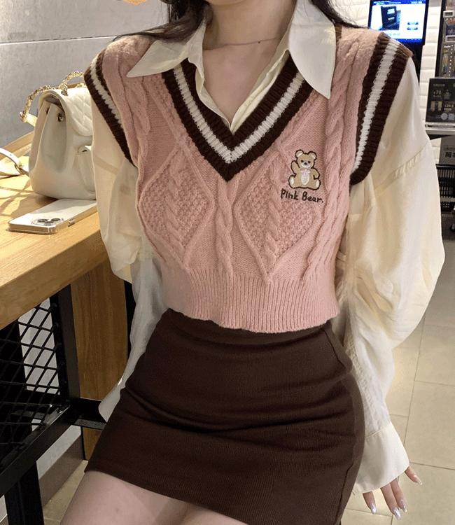 [당일배송] 교복 프레피룩 크롭 핑크 조끼/화이트 셔츠/미니 브라운 스커트