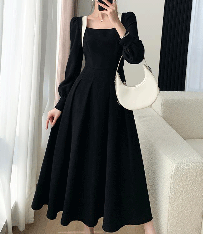 블랙 셀프웨딩 A라인 핀턱 숄더 라인 드레스 원피스