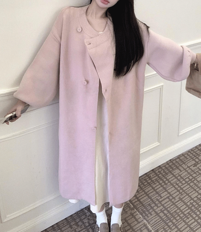 베이비 핑크컬러 노카라 모직 코트 오버사이즈,하프기장,따뜻한겨울아우터