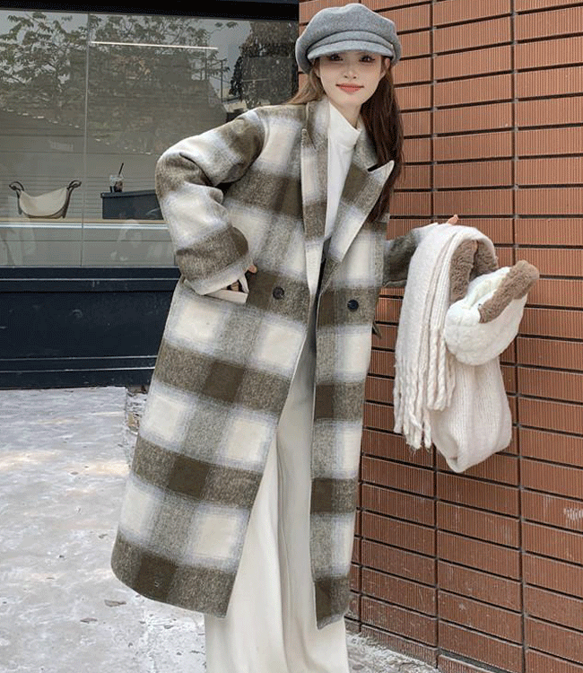 겨울신상 빈티지 복고무늬 체크 하프롱 모직 코트 퀄트,그린,블랙