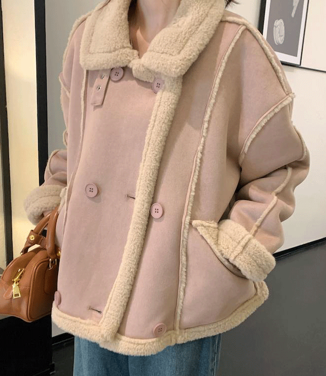 버튼형 더블 베이비 핑크 하이넥 스웨이드 라이더 벨벳 숏코트 겨울자켓/신상